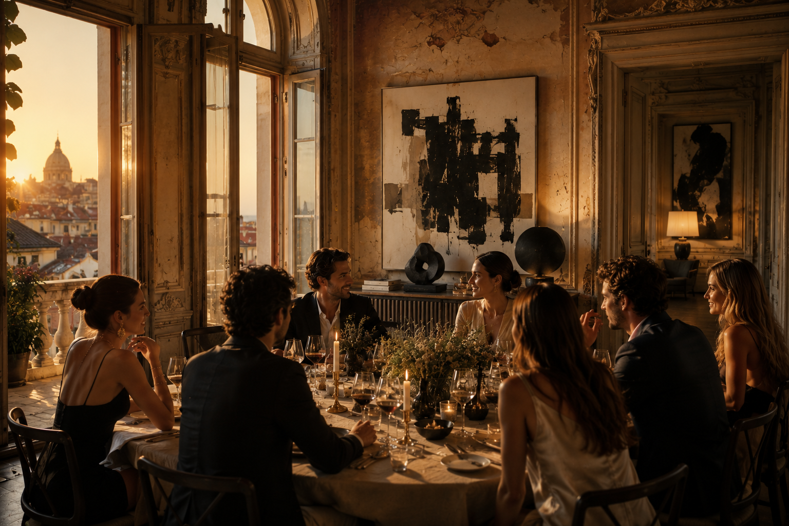 Private dining table with guests in an artistic hospitality setting